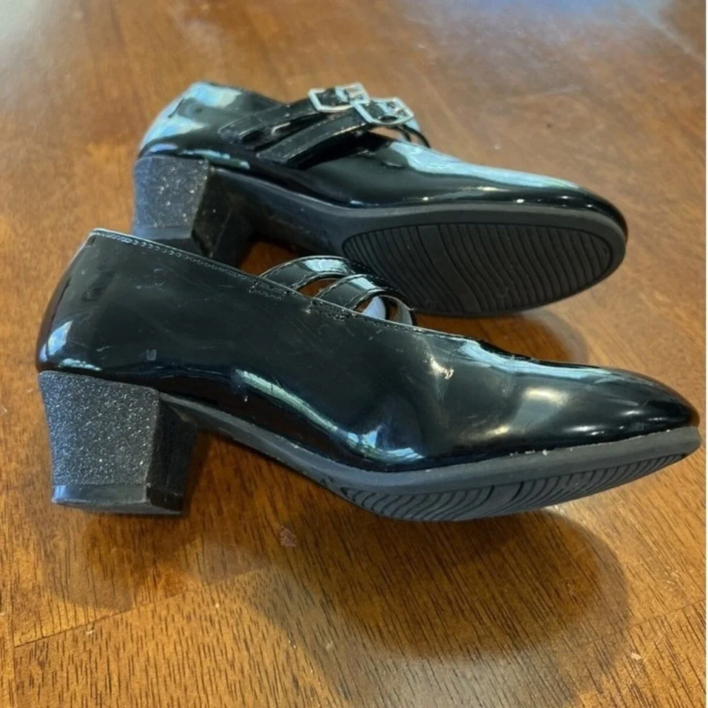 American Eagle Kids Black Patent Mary Jane Glitter Block‎ Heel Shoes Toddler 11